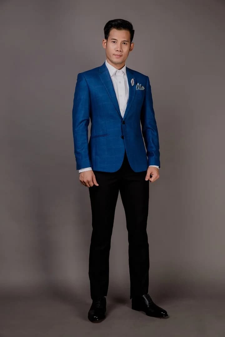 Blazer Xanh Cobalt Caro Chìm, Hai Khuy — SN-270