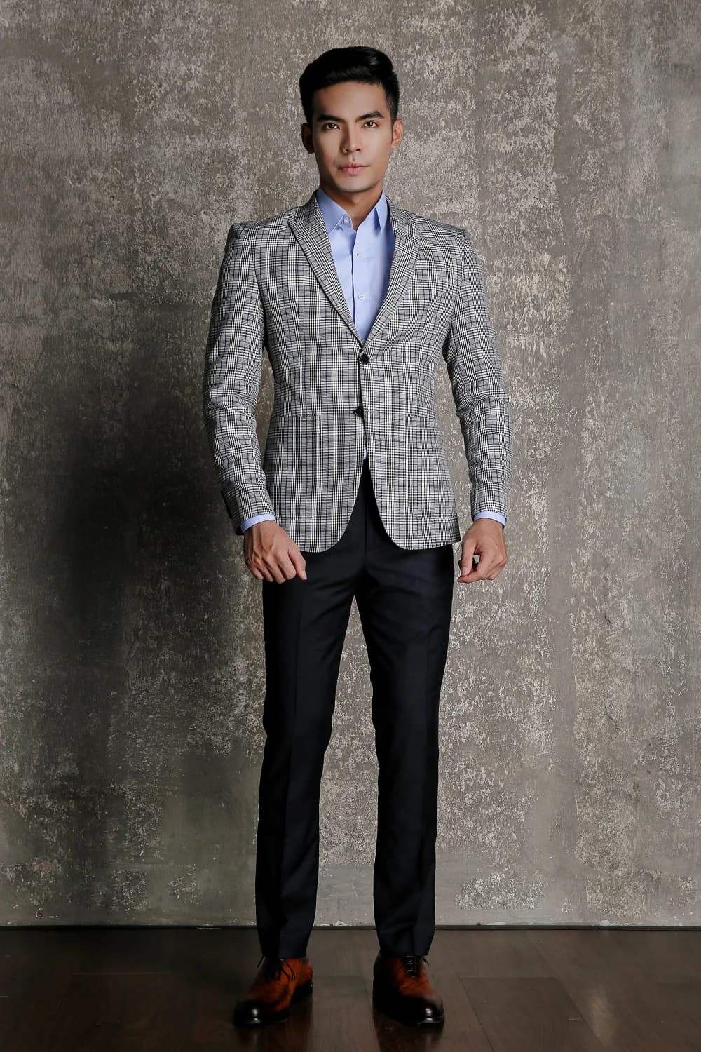 Blazer Xám Glen Check Đen Trắng Xanh Nhạt — SN-275