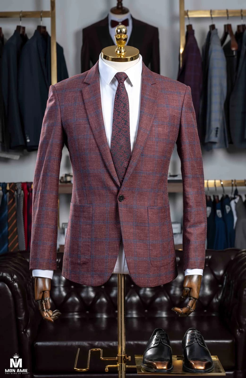 Blazer Một Nút Đỏ Đô Kẻ Ô Xanh Dương Túi Ốp — SN-298