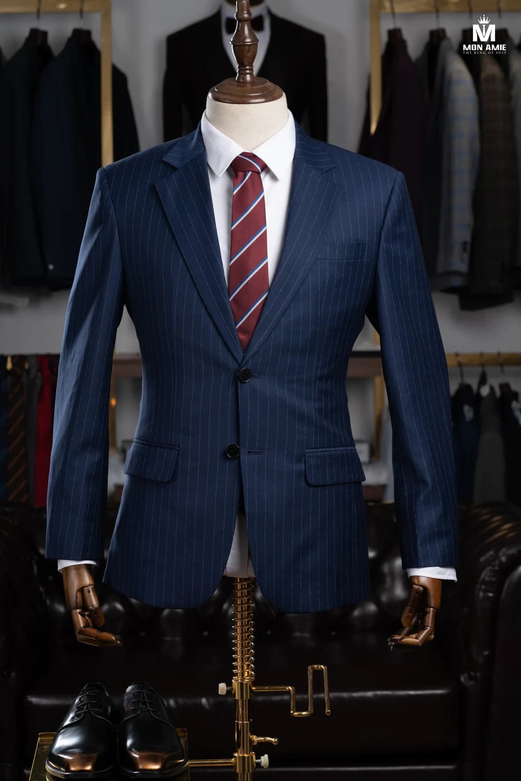 Suit Hai Nút Xanh Navy Kẻ Sọc Mảnh Trắng Cam Ve Chữ V — SN-299