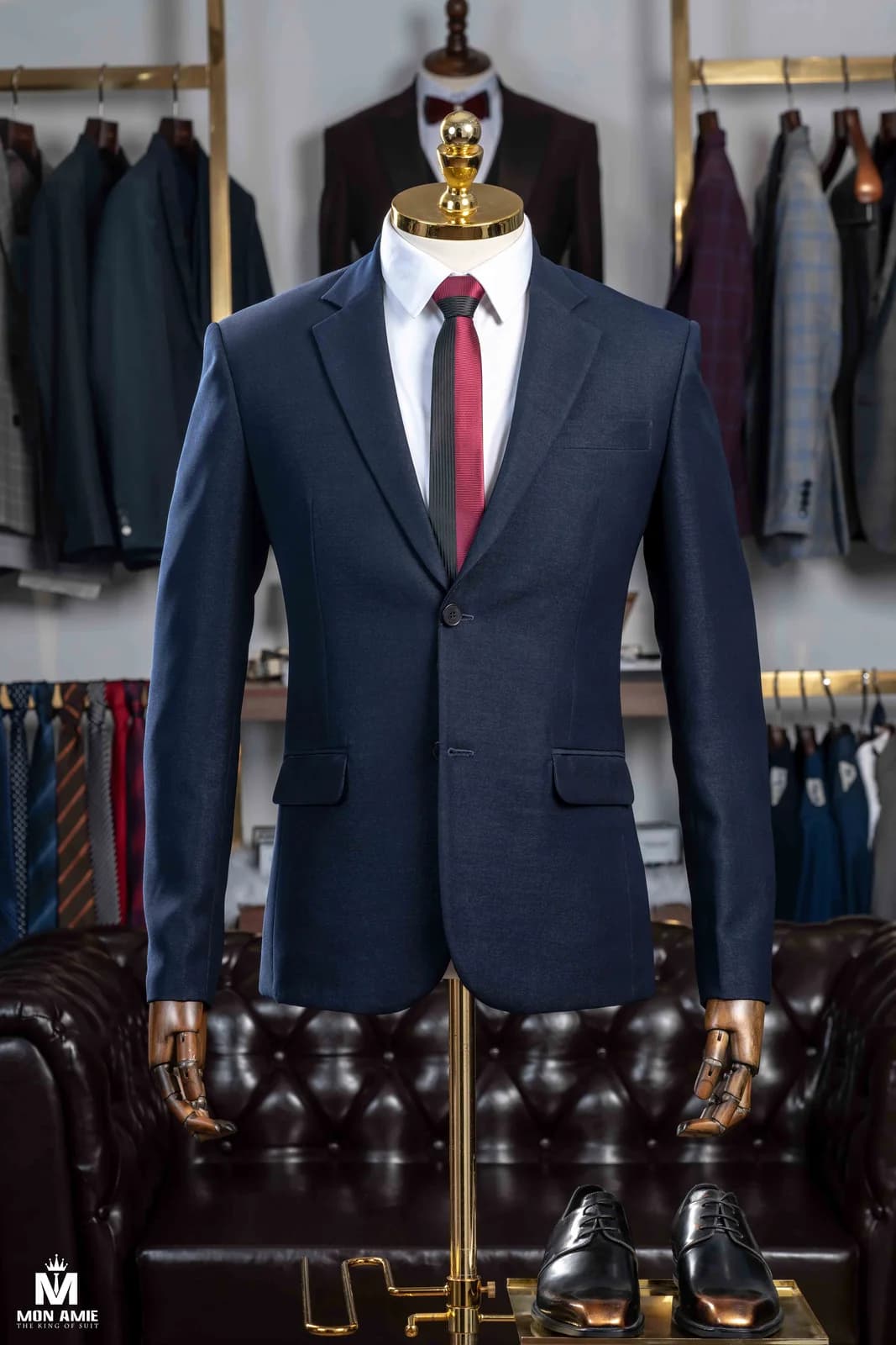 Suit Hai Nút Xanh Navy Đậm Vân Hạt Mịn Ve Chữ V — SN-300