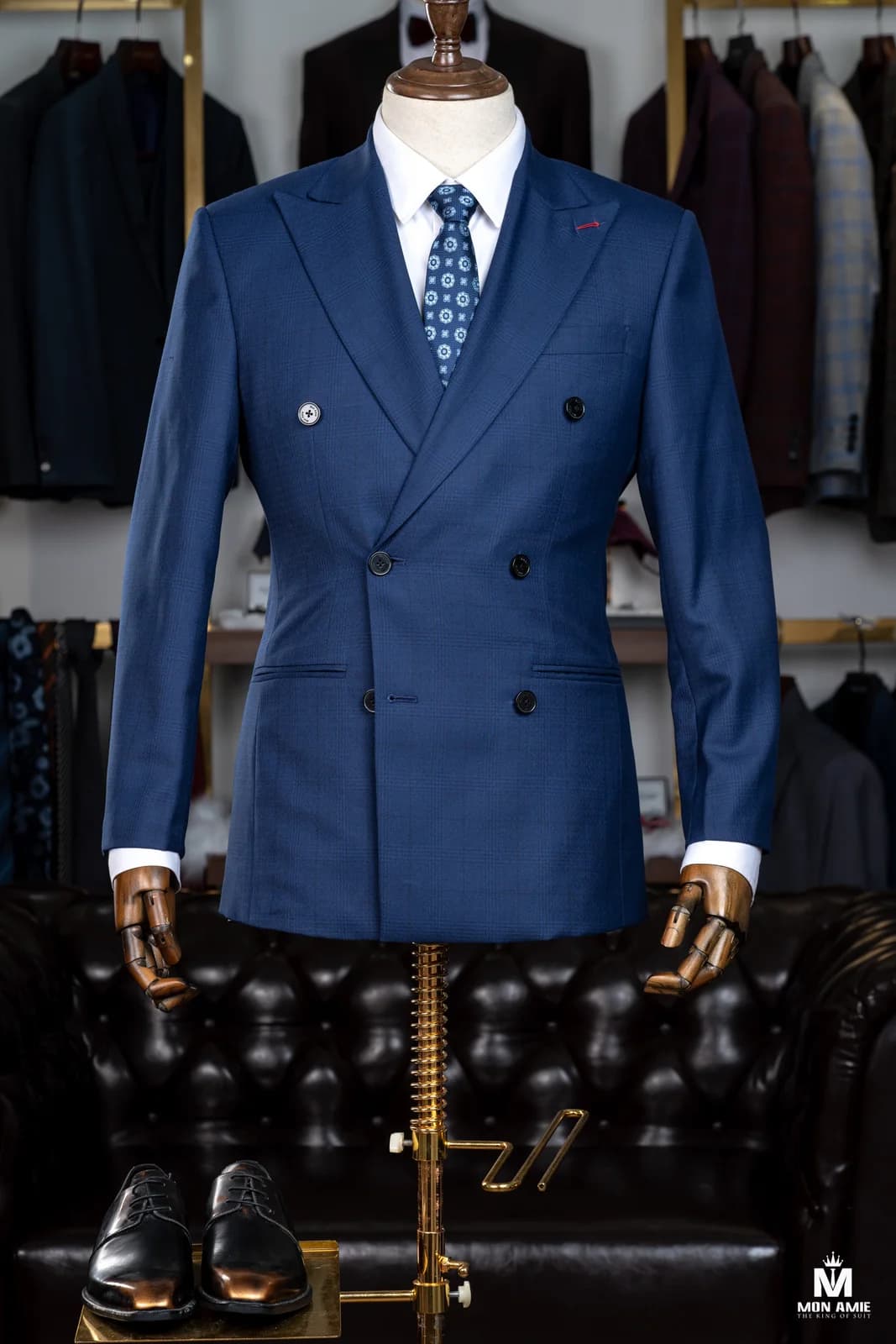 Suit Hai Hàng Nút Xanh Cobalt Caro Chìm Ve Nhọn — SN-315