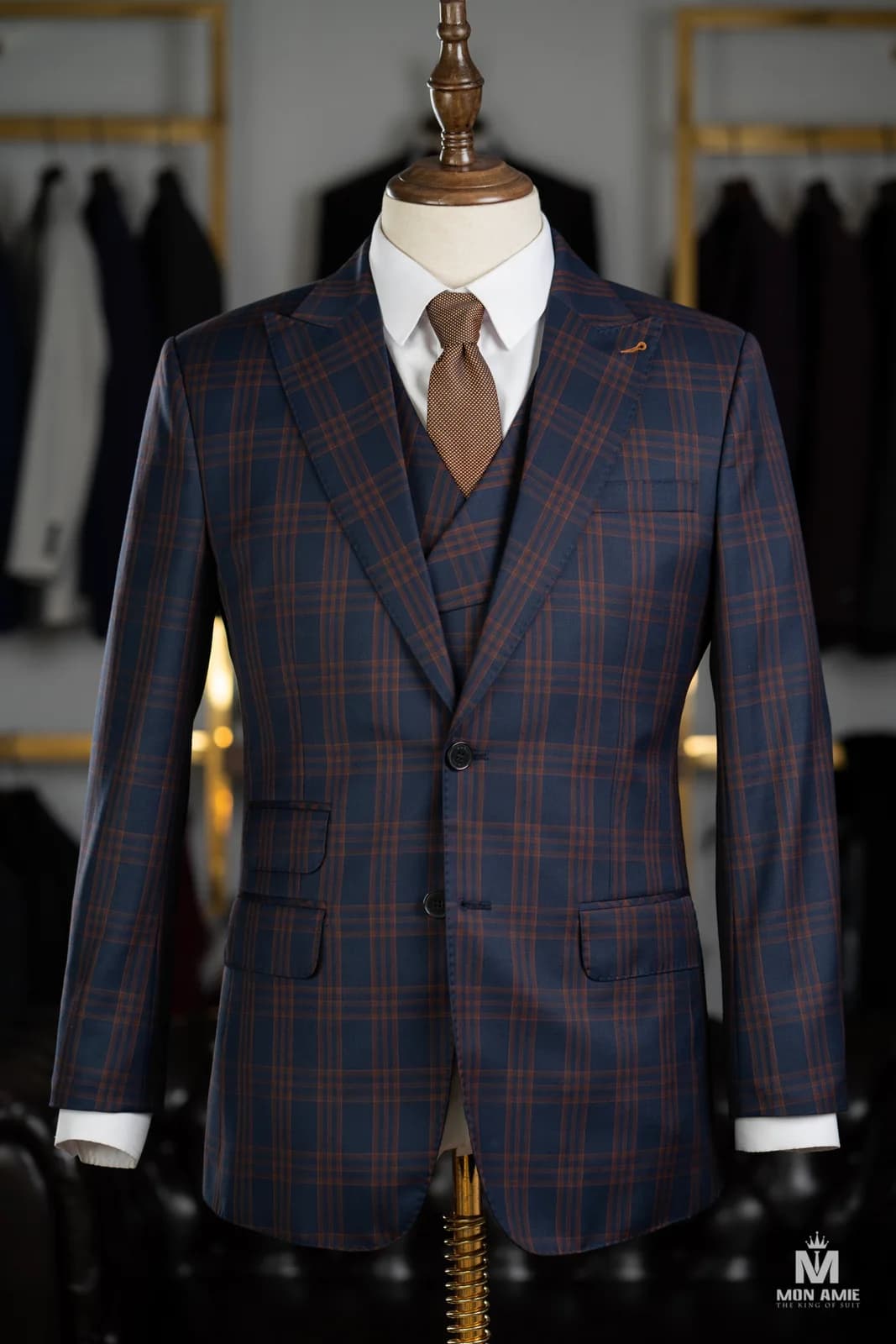 Suit Ba Mảnh Xanh Navy Kẻ Ô Cam Đồng Ve Nhọn — SN-326