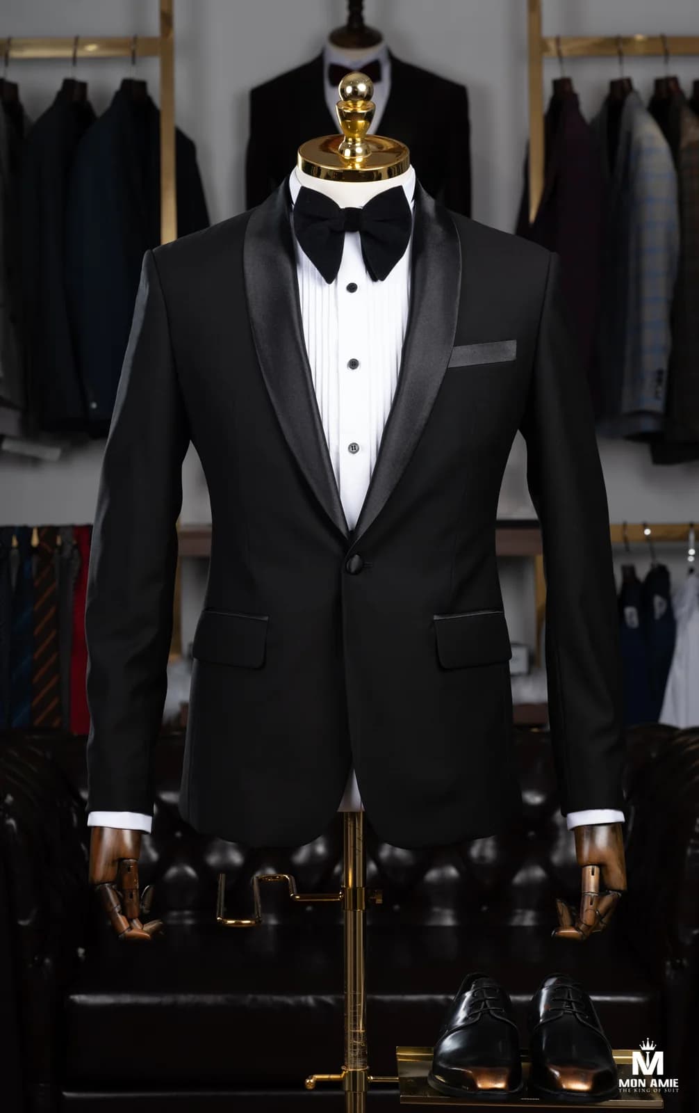 Tuxedo Đen Ve Shawl Satin Một Nút Đi Cùng Nơ Nhung — TUX-129