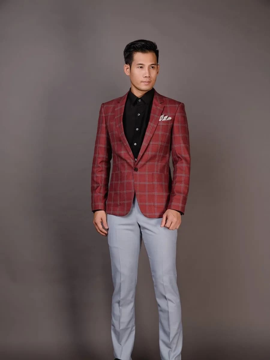 Blazer Đỏ Gạch Caro Ô Lớn Kẻ Trắng Xám — SN-259