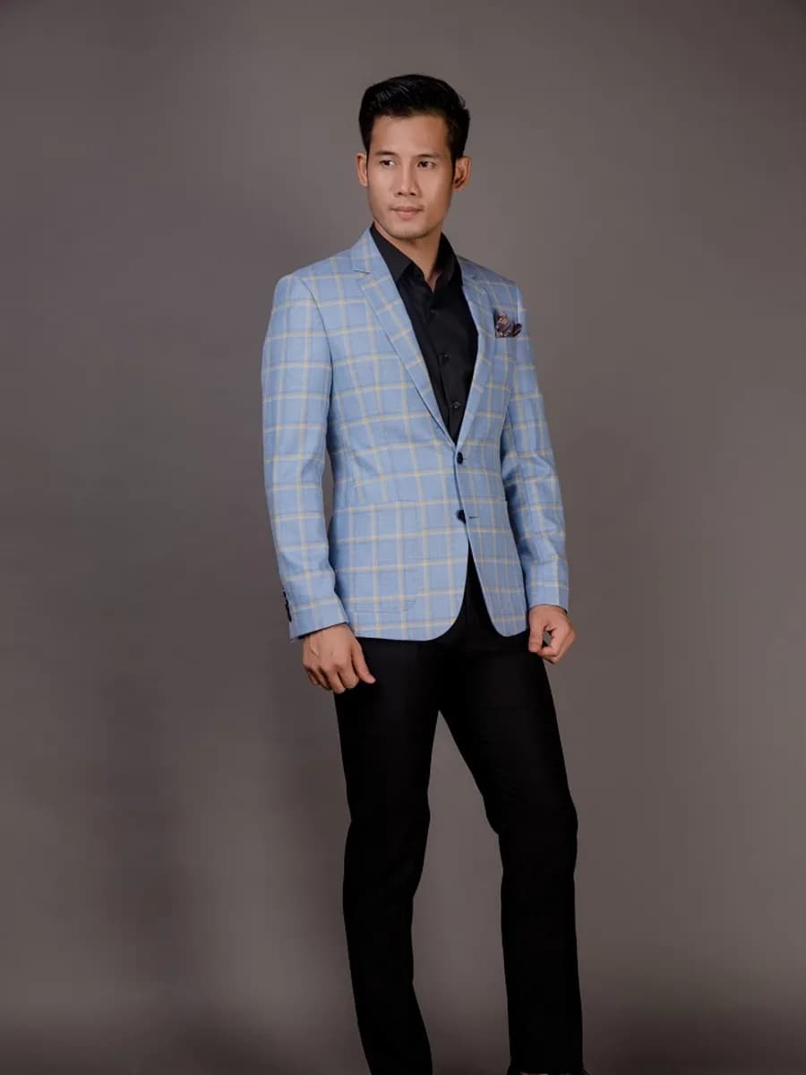 Blazer Xanh Da Trời Nhạt Caro Ô Lớn Kẻ Vàng Kem — SN-260