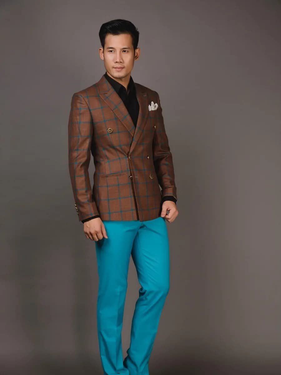 Blazer Nâu Đồng Caro Kẻ Xanh Ngọc Hai Hàng Khuy — SN-261