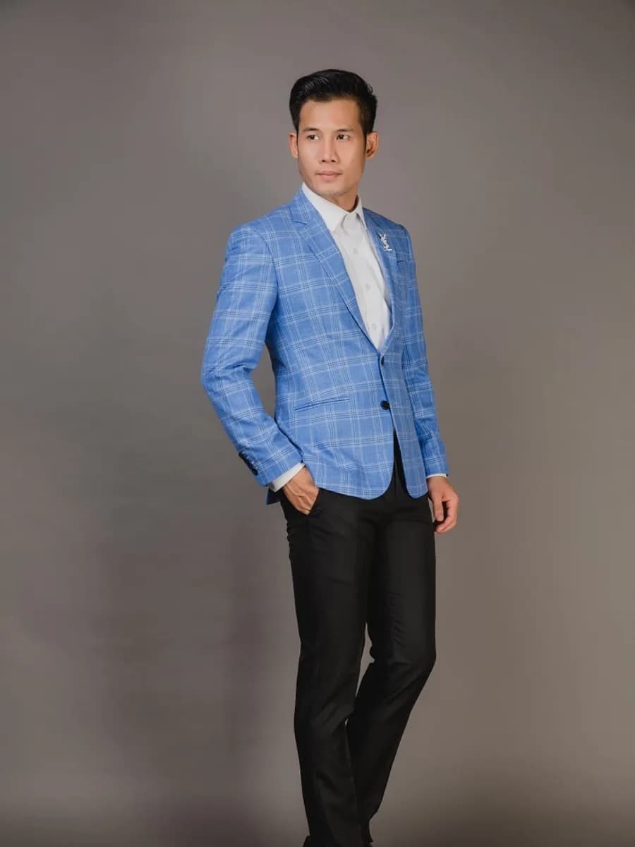 Blazer Xanh Dương Caro Ô Lớn Kẻ Trắng 2 Khuy — SN-262