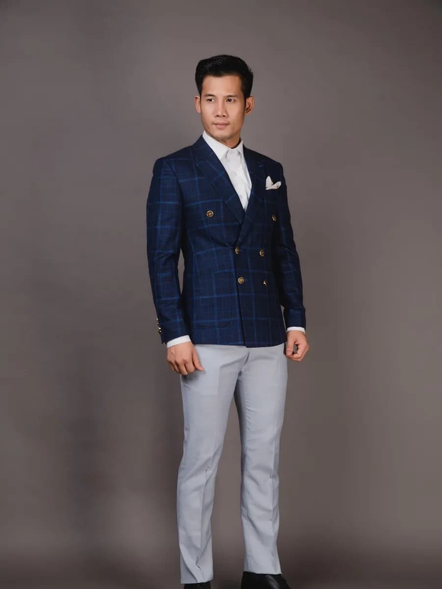 Blazer Navy Caro Xanh Dương, Cài Kép Khuy Vàng — SN-266