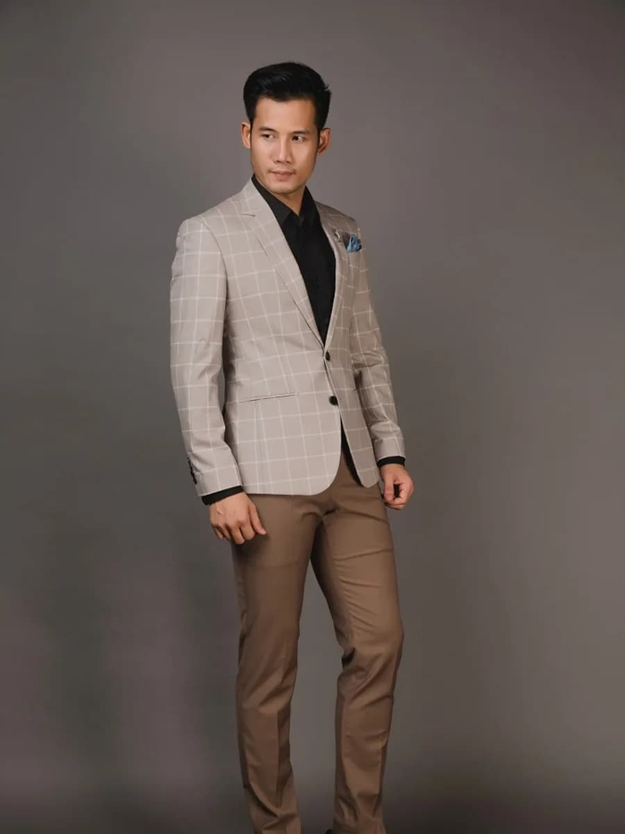 Blazer Be Xám Nhạt Windowpane Kẻ Trắng — SN-268