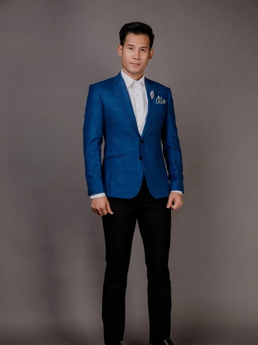 Blazer Xanh Cobalt Caro Chìm, Hai Khuy — SN-270