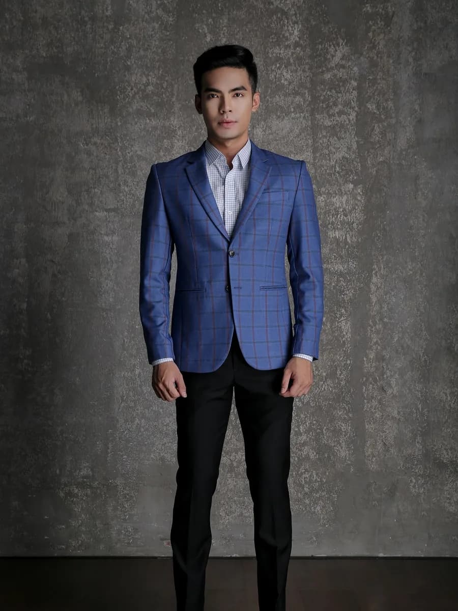 Blazer Xanh Cobalt Caro Ô Lớn Kẻ Tím Đen — SN-271