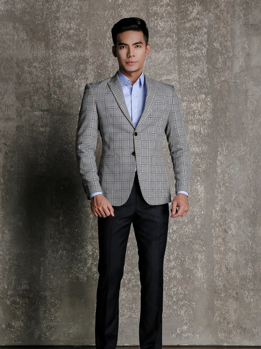 Blazer Xám Glen Check Đen Trắng Xanh Nhạt — SN-275
