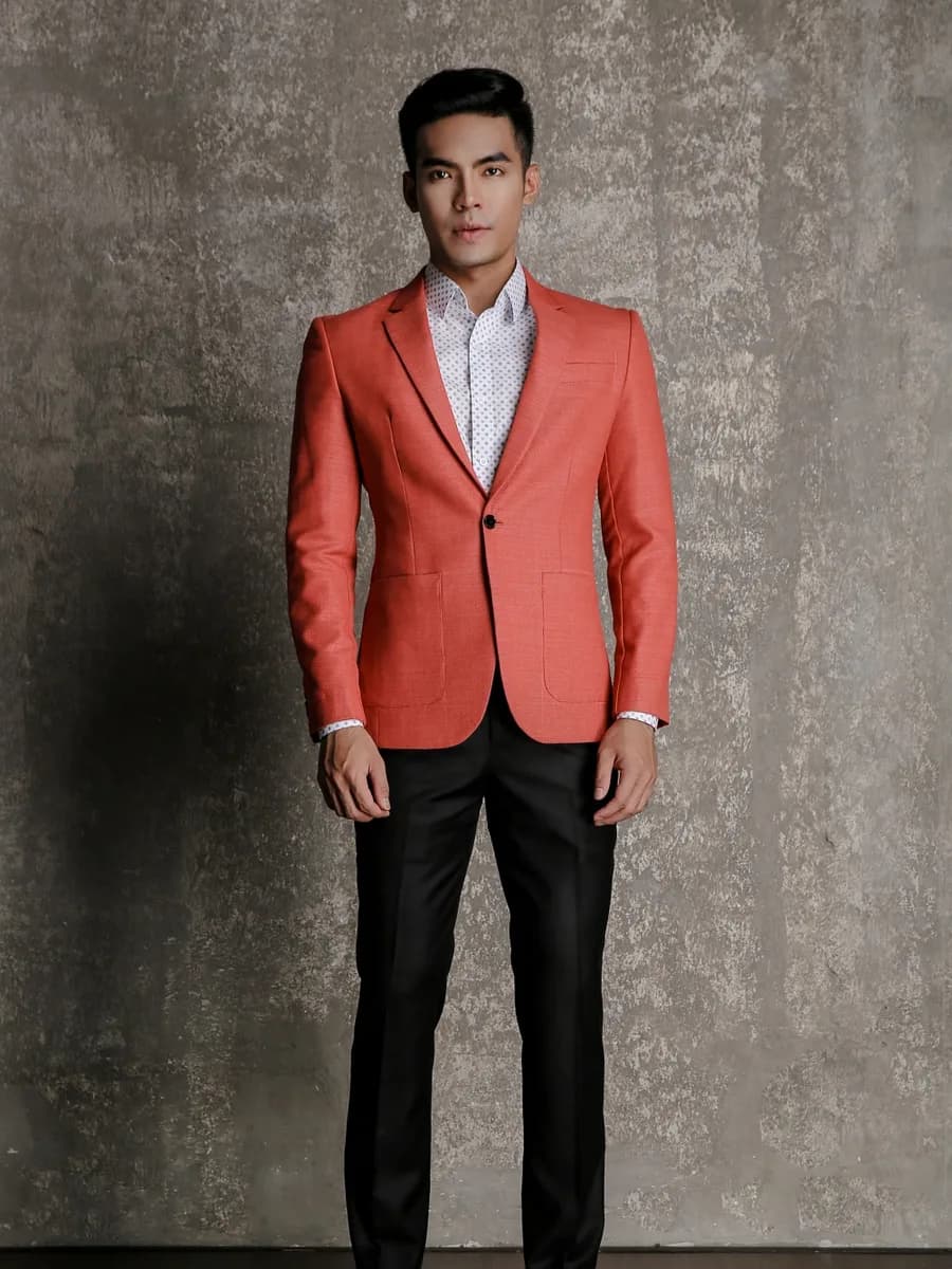 Blazer Cam San Hô Dệt Nổi Vân Hai Túi Đắp — SN-277