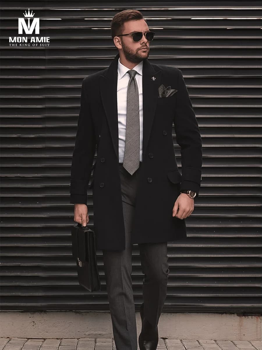 Black Wool Double-Breasted Long Overcoat — SN-282