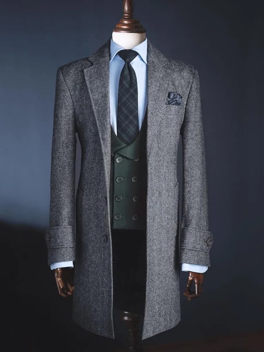 Áo Măng Tô Tweed Xương Cá Xám Tay Có Đai — SN-284