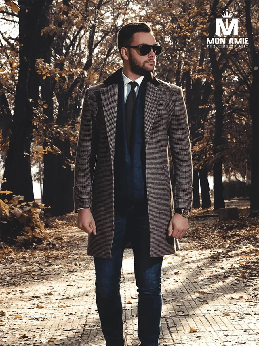 Áo Măng Tô Houndstooth Nâu Xám Cổ Nhung Đen — SN-285