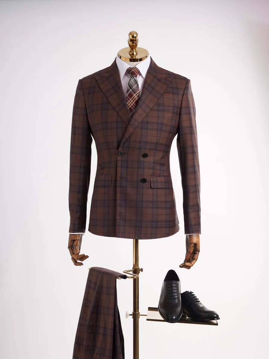 Copper Brown Windowpane Double-Breasted Suit — SN-290