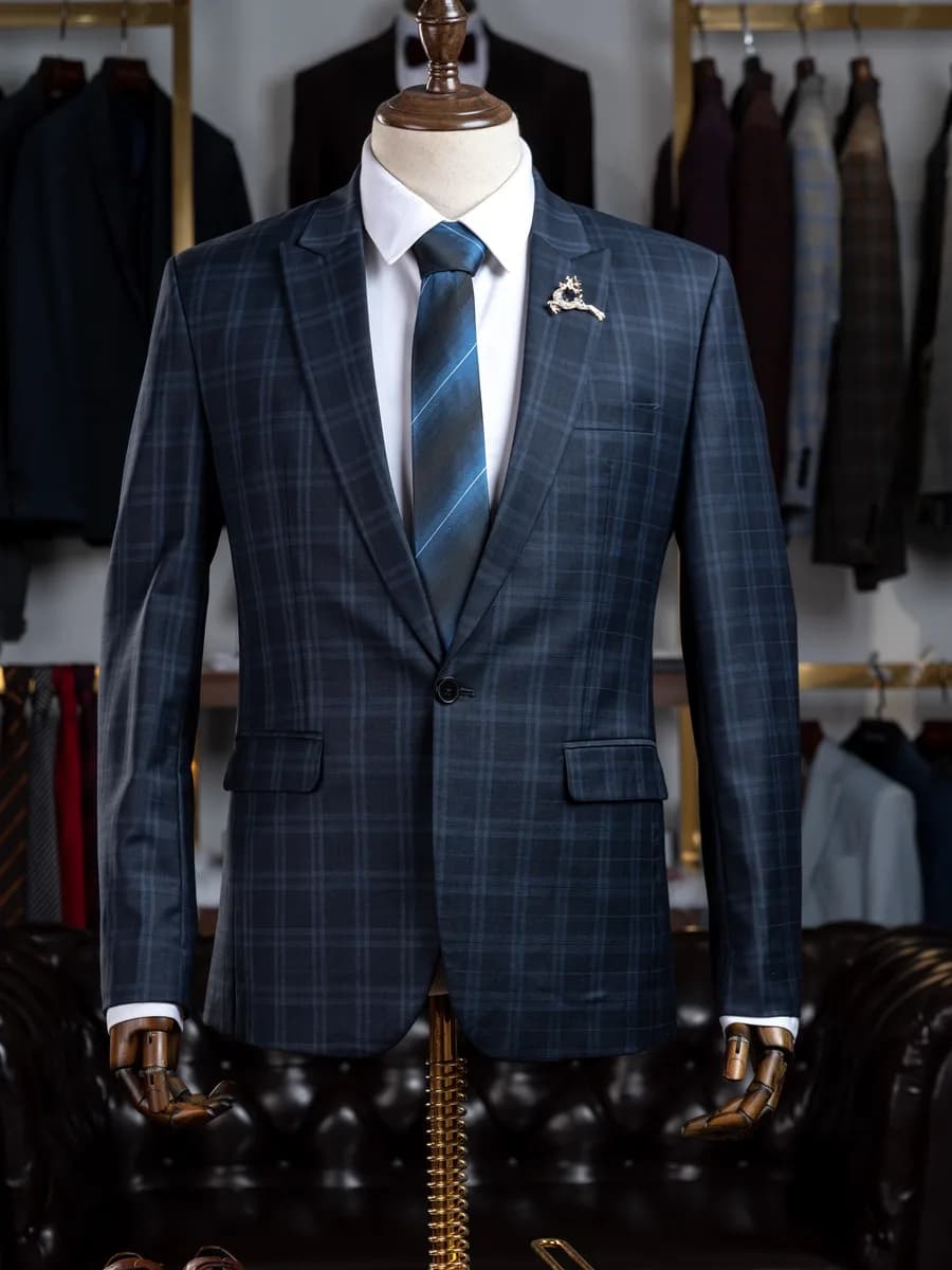 Navy Windowpane Check Single-Button Peak Lapel Suit — SN-292
