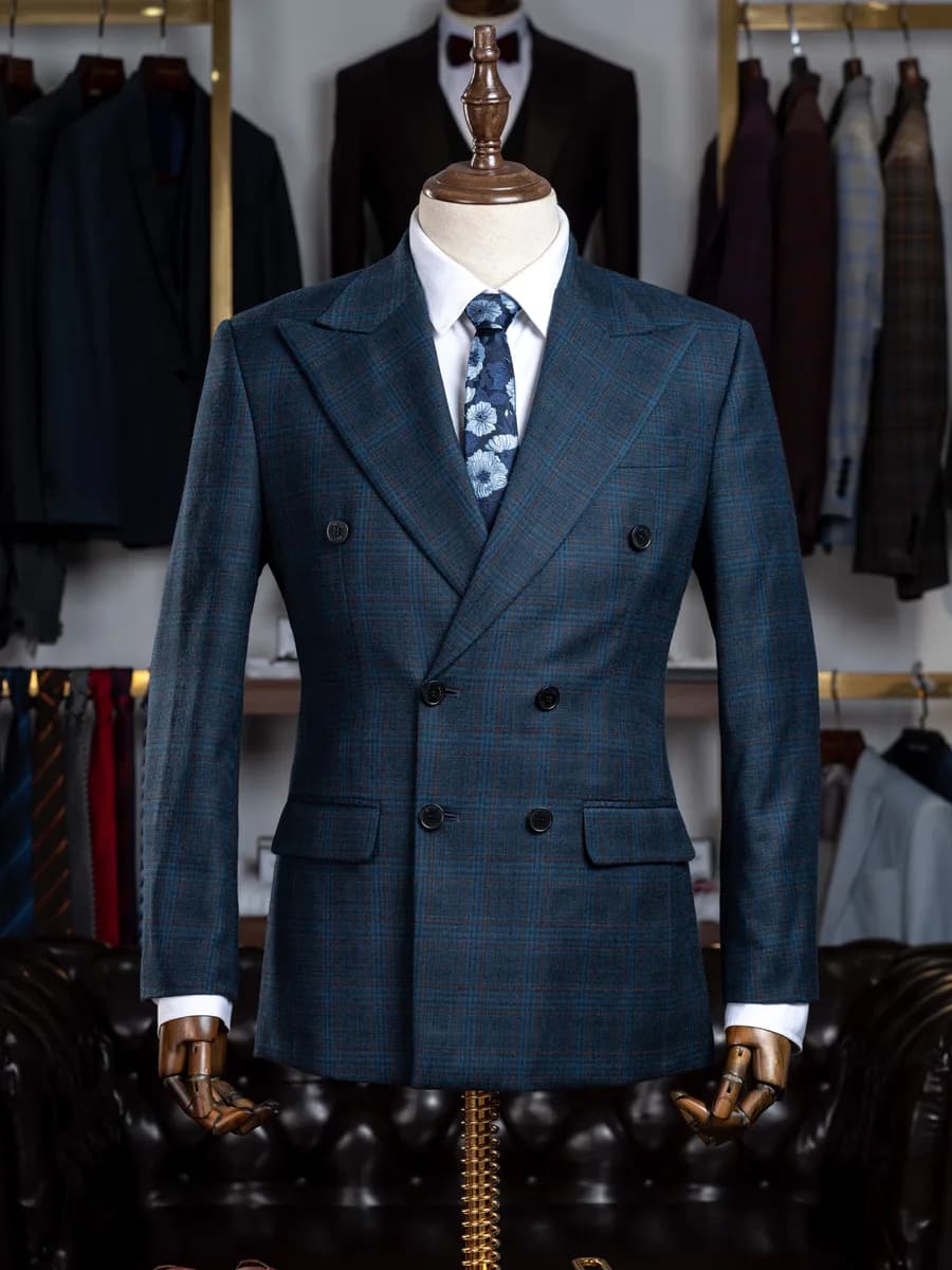Petrol Blue Double-Breasted Suit, Copper Overcheck, Peak Lapel — SN-293