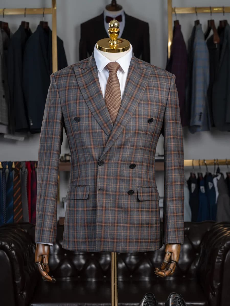 Charcoal Plaid Double-Breasted Suit with Rust Overcheck — SN-296