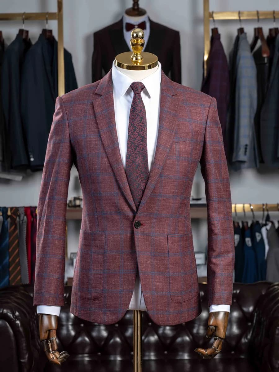 Blazer Một Nút Đỏ Đô Kẻ Ô Xanh Dương Túi Ốp — SN-298