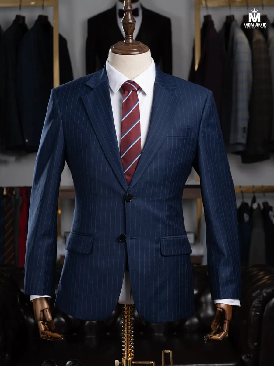 Suit Hai Nút Xanh Navy Kẻ Sọc Mảnh Trắng Cam Ve Chữ V — SN-299