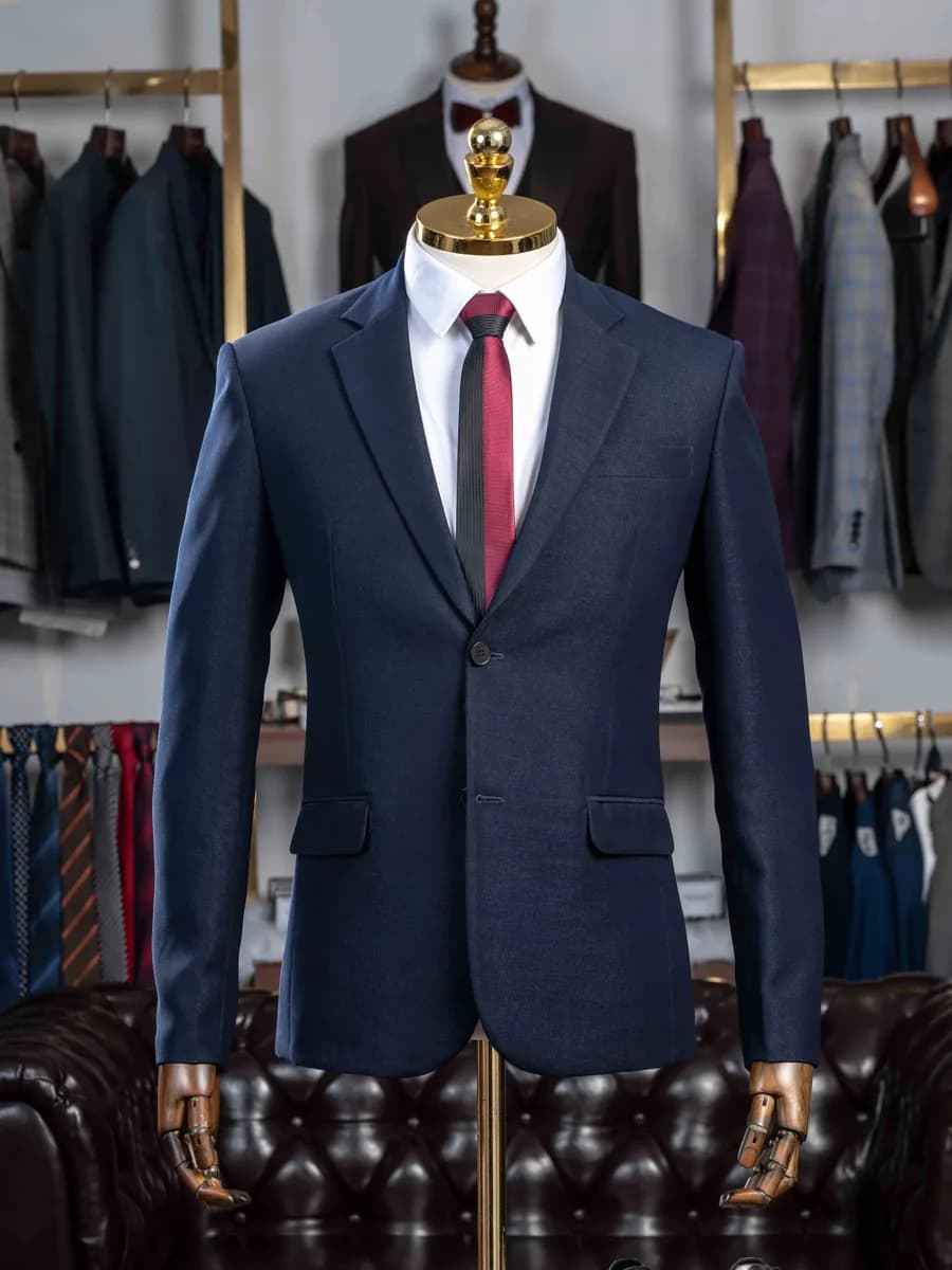 Suit Hai Nút Xanh Navy Đậm Vân Hạt Mịn Ve Chữ V — SN-300