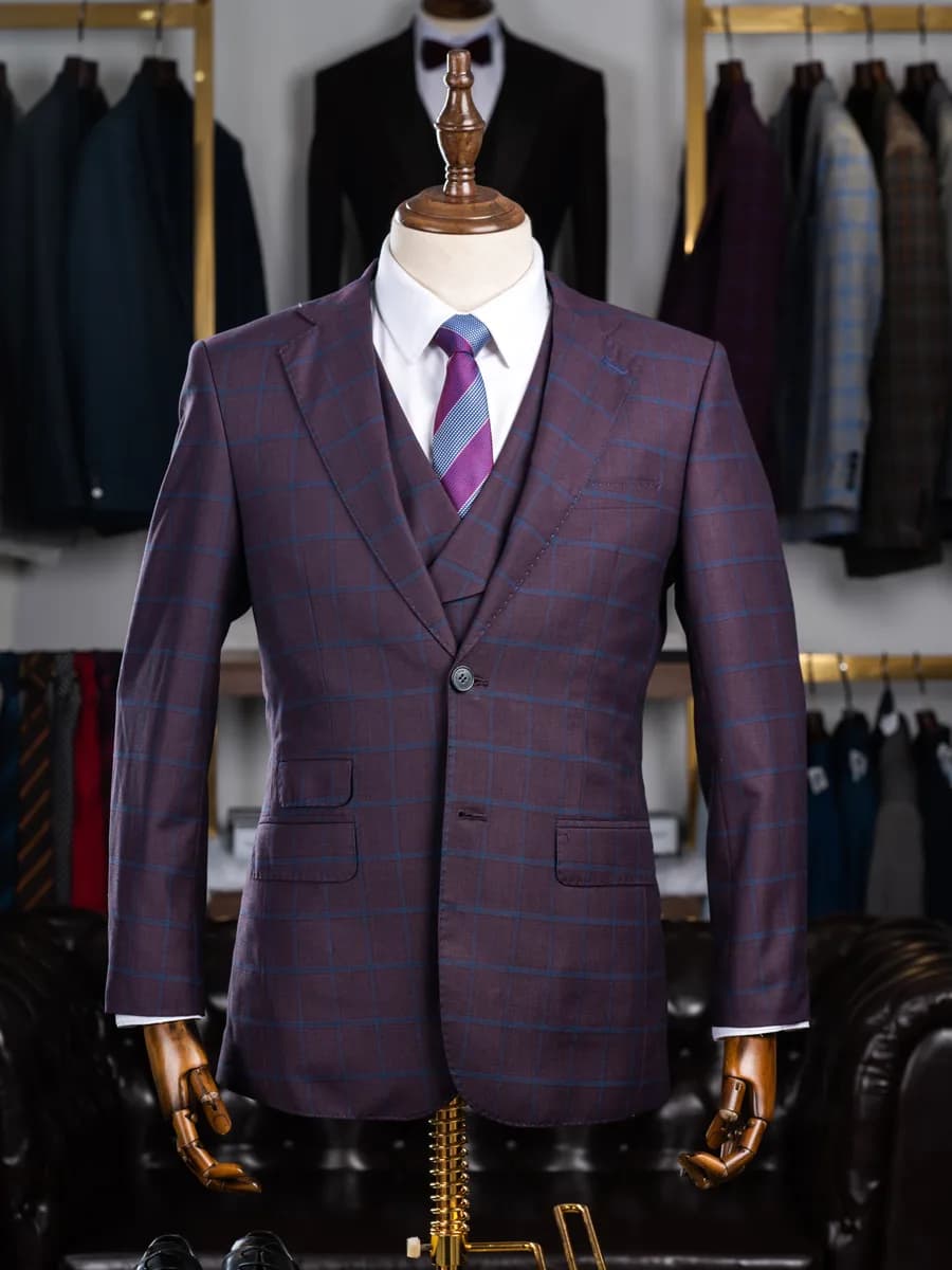 Suit Ba Mảnh Tím Mận Kẻ Ô Cửa Sổ Xanh Gile Hai Hàng — SN-301