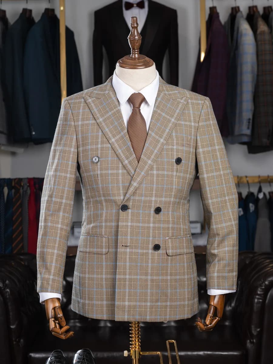 Suit Hai Hàng Nút Be Nâu Kẻ Caro Xanh Ve Nhọn — SN-303