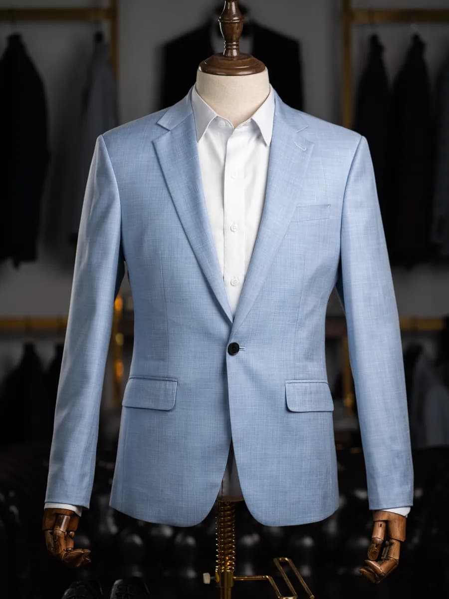 Suit Xanh Băng Vân Dệt Mộc Một Nút Ve Chữ V — SN-307