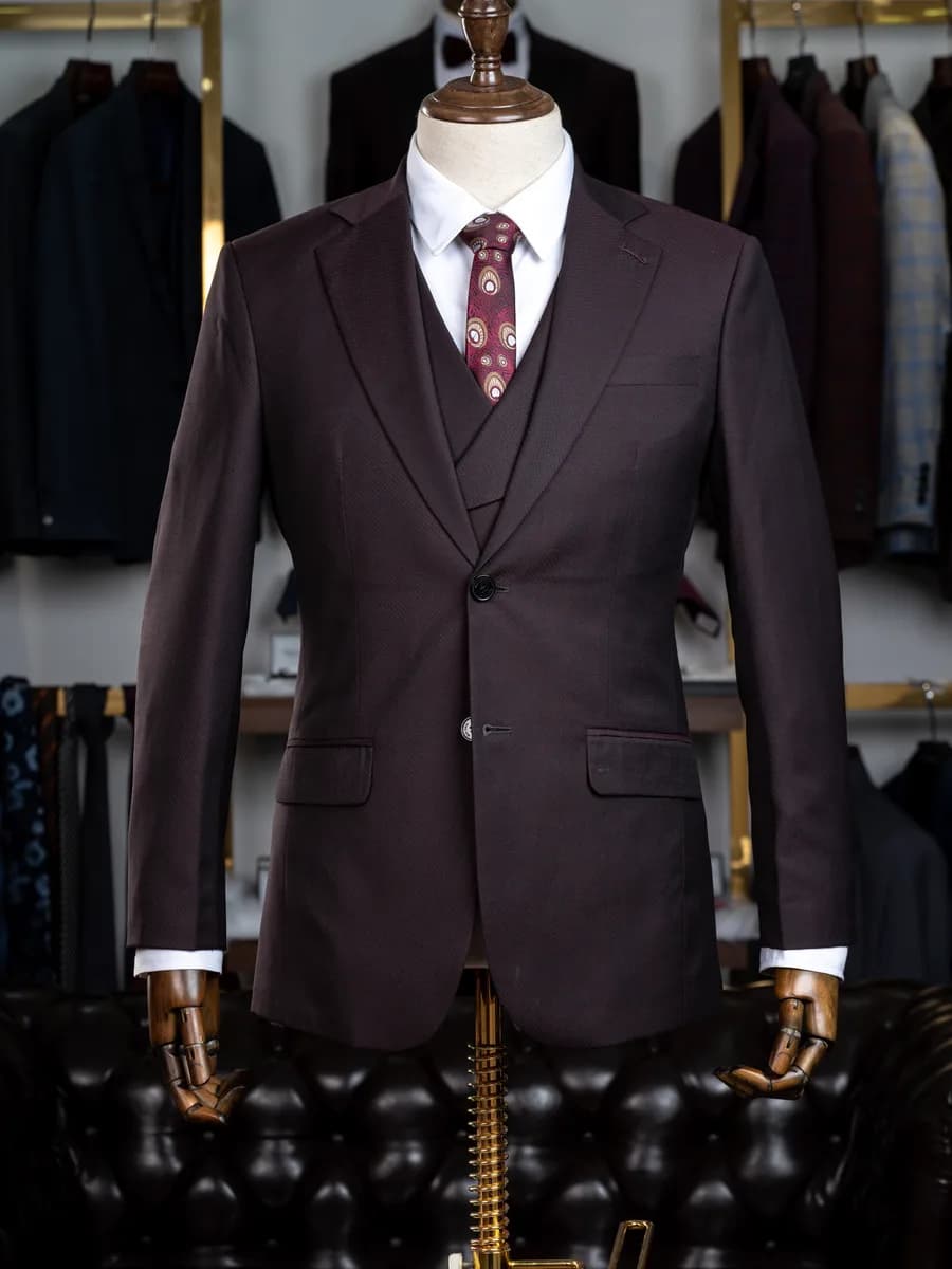Suit Ba Mảnh Nâu Mận Vân Vi Hạt Gilê Hai Hàng Nút — SN-309