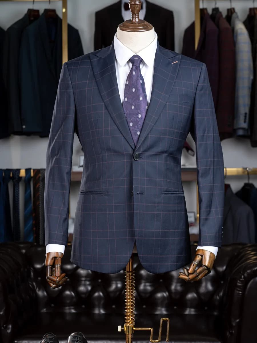 Suit Hai Nút Xanh Navy Kẻ Ô Chỉ Hồng Ve Nhọn — SN-313