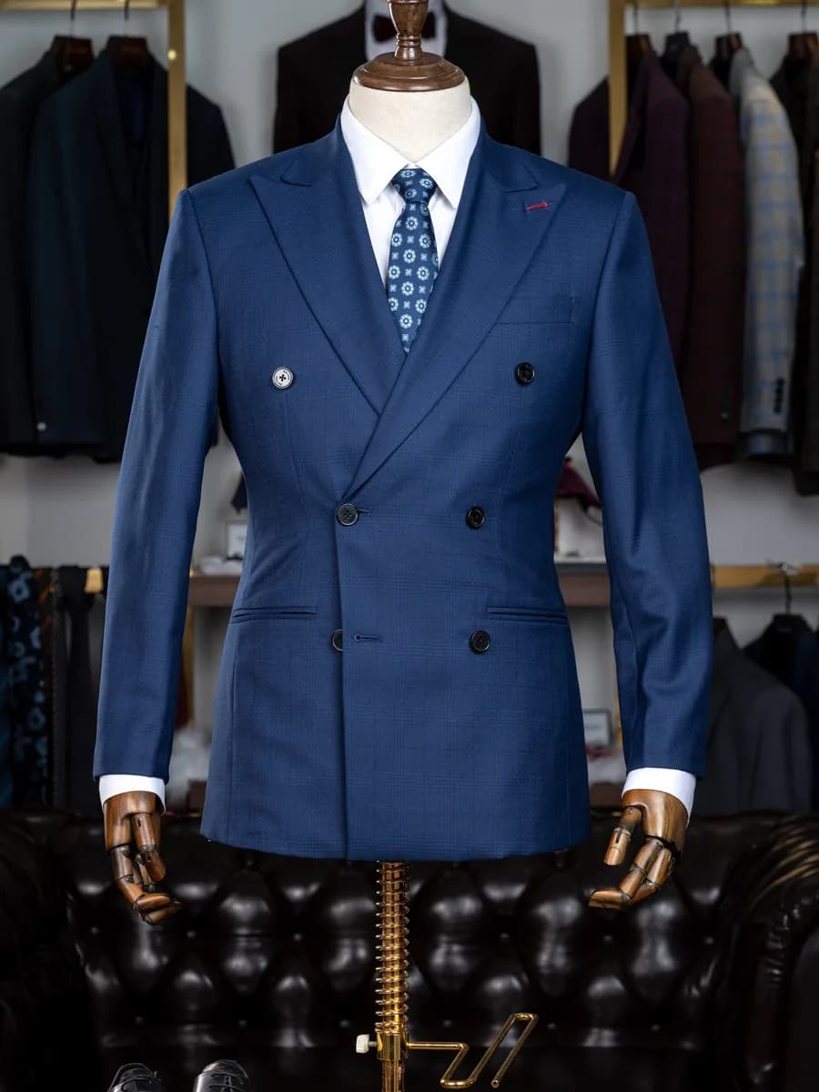 Suit Hai Hàng Nút Xanh Cobalt Caro Chìm Ve Nhọn — SN-315