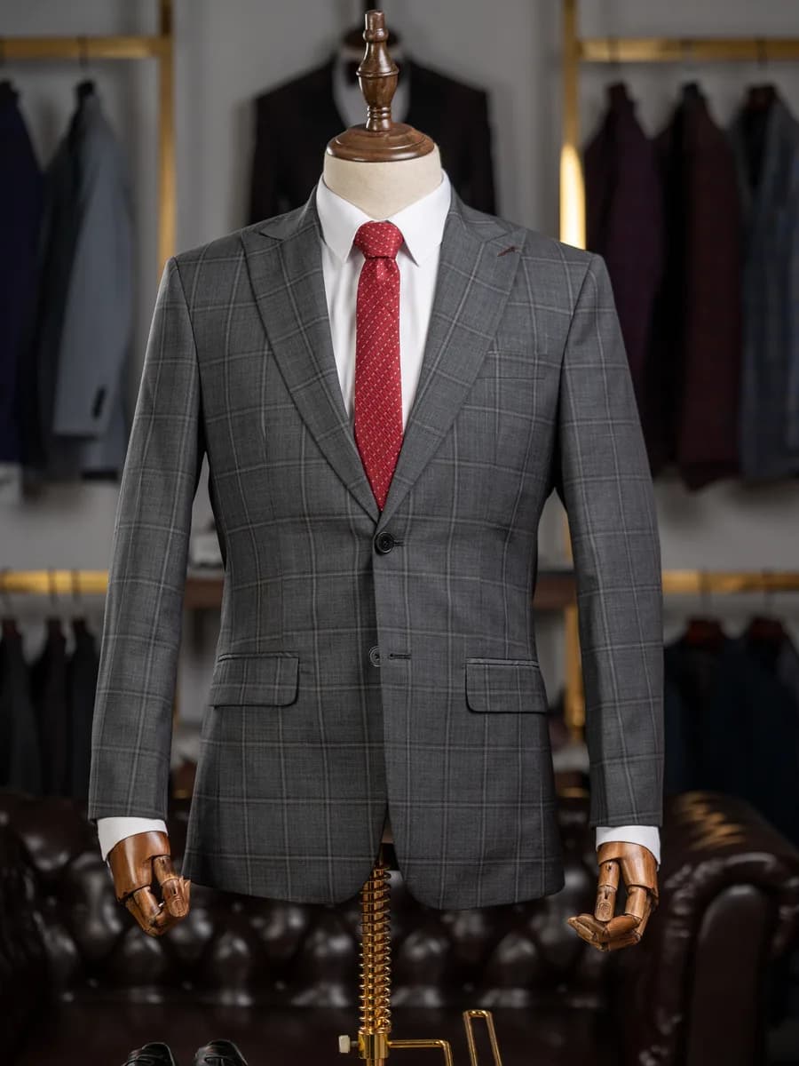 Suit Hai Nút Xám Khói Kẻ Ô Vạch Nâu Đỏ Ve Nhọn — SN-316