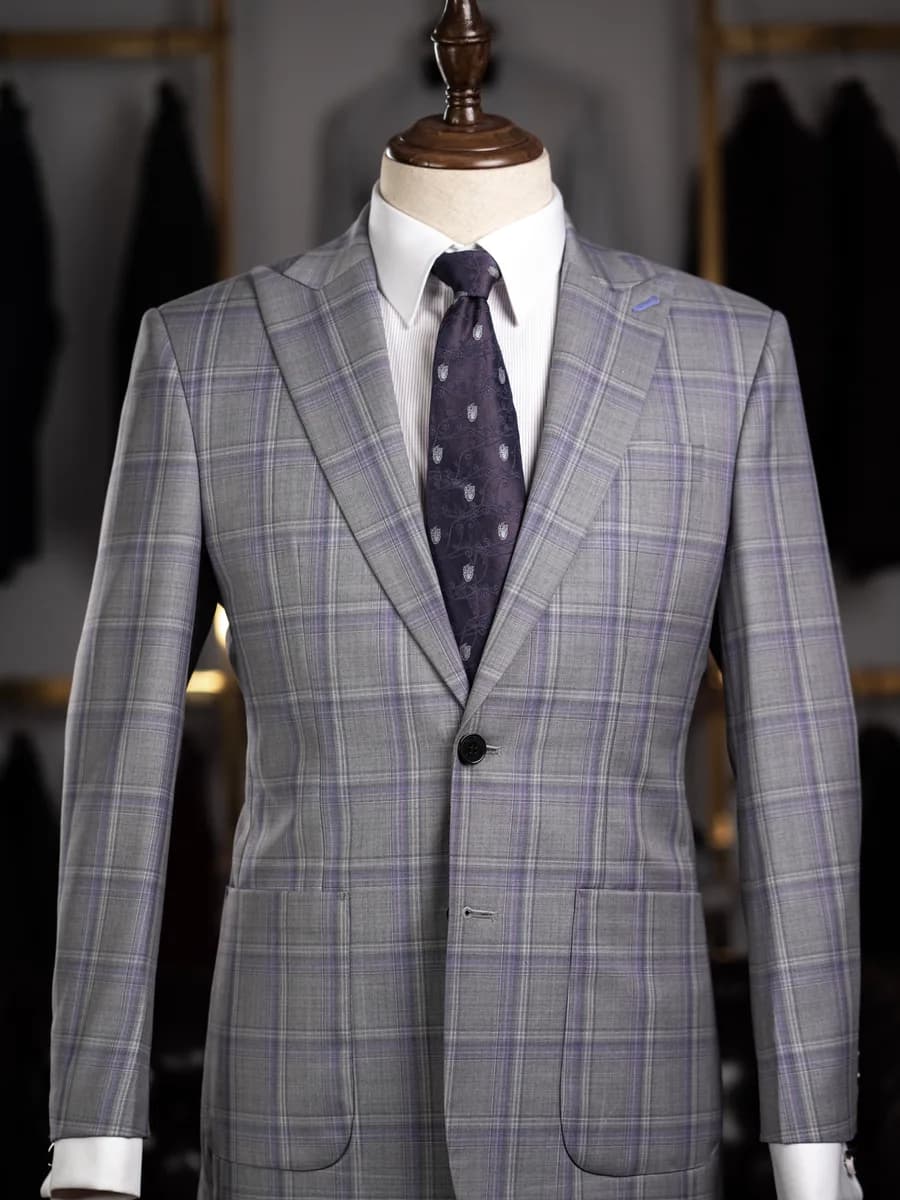 Suit Xám Nhạt Kẻ Ô Tím Oải Hương Ve Nhọn — SN-322