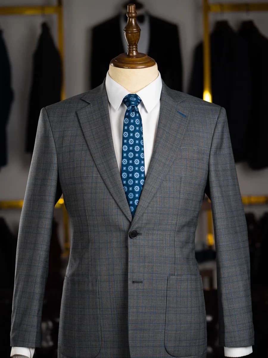 Suit Xám Than Kẻ Ô Xanh Cobalt Ve Chữ V Túi Đắp — SN-325