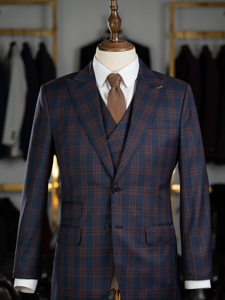 Suit Ba Mảnh Xanh Navy Kẻ Ô Cam Đồng Ve Nhọn — SN-326
