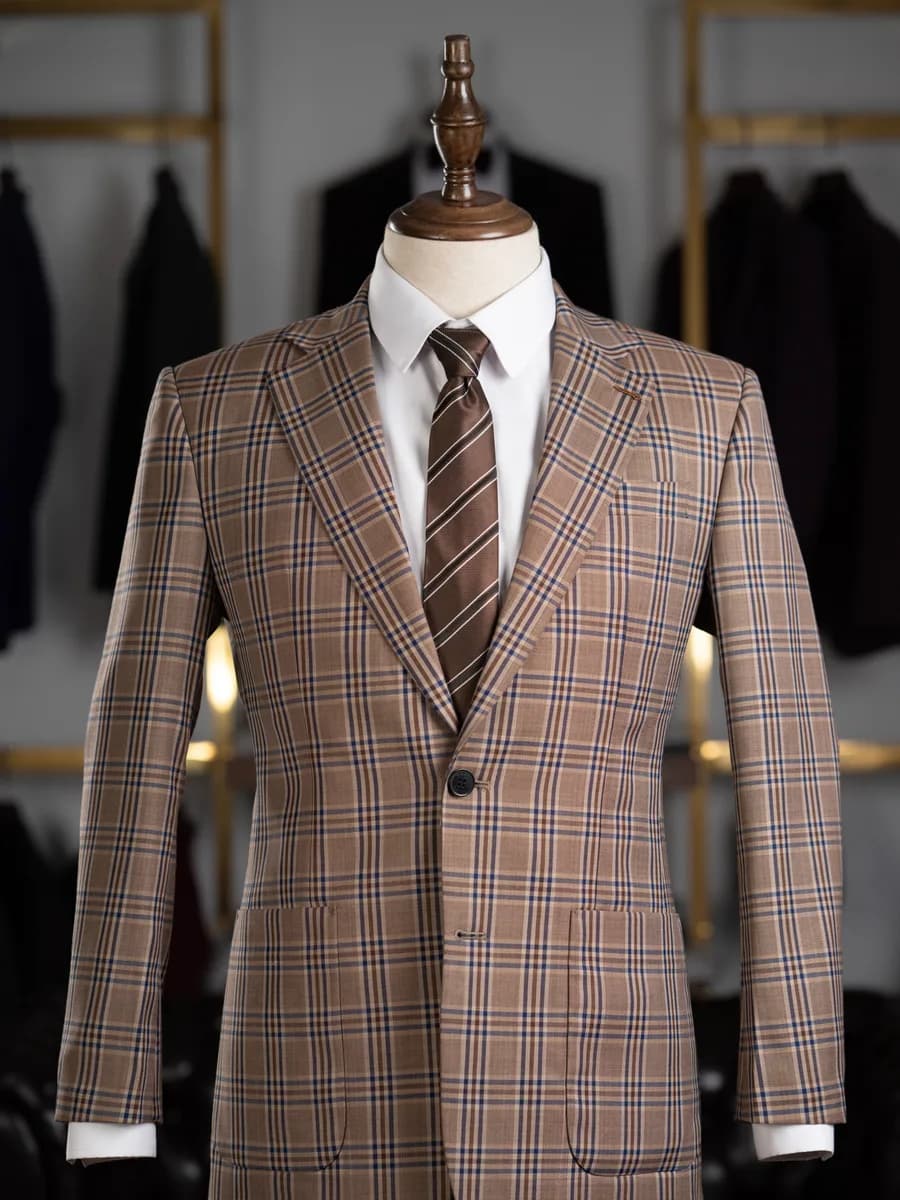 Suit Nâu Cát Kẻ Ô Navy Ve Chữ V Túi Đắp — SN-327