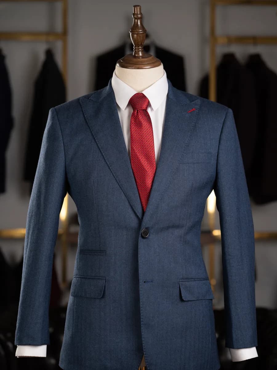 Suit Xanh Denim Xương Cá Ve Nhọn Hai Nút — SN-328