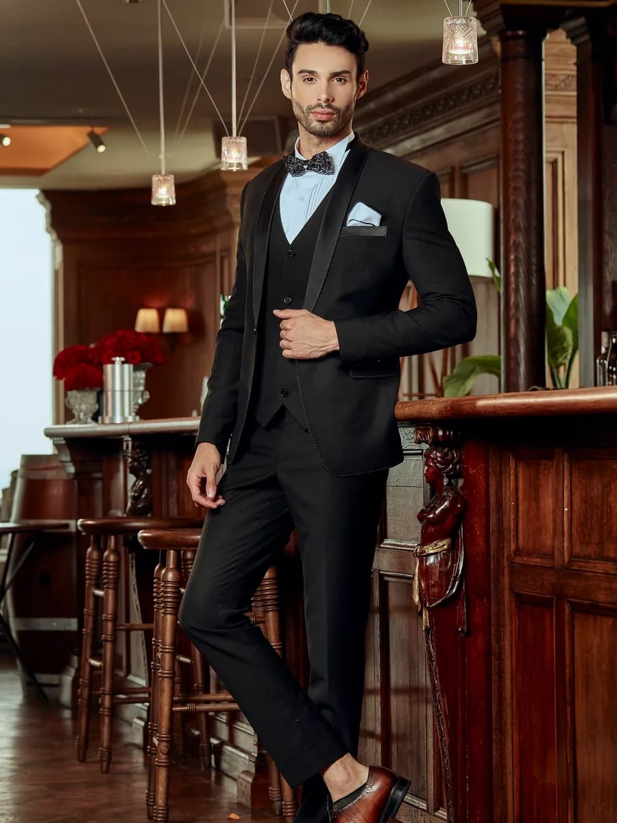Tuxedo Đen Ba Mảnh Ve Shawl Viền Chấm Nơ Họa Tiết Đá — TUX-096
