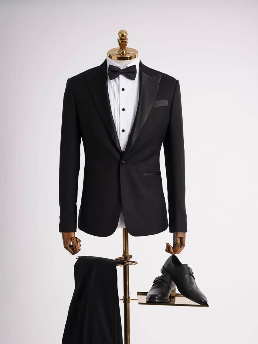 Tuxedo Đen Một Khuy Sơ Mi Xếp Ly Giày Monk-Strap — TUX-099