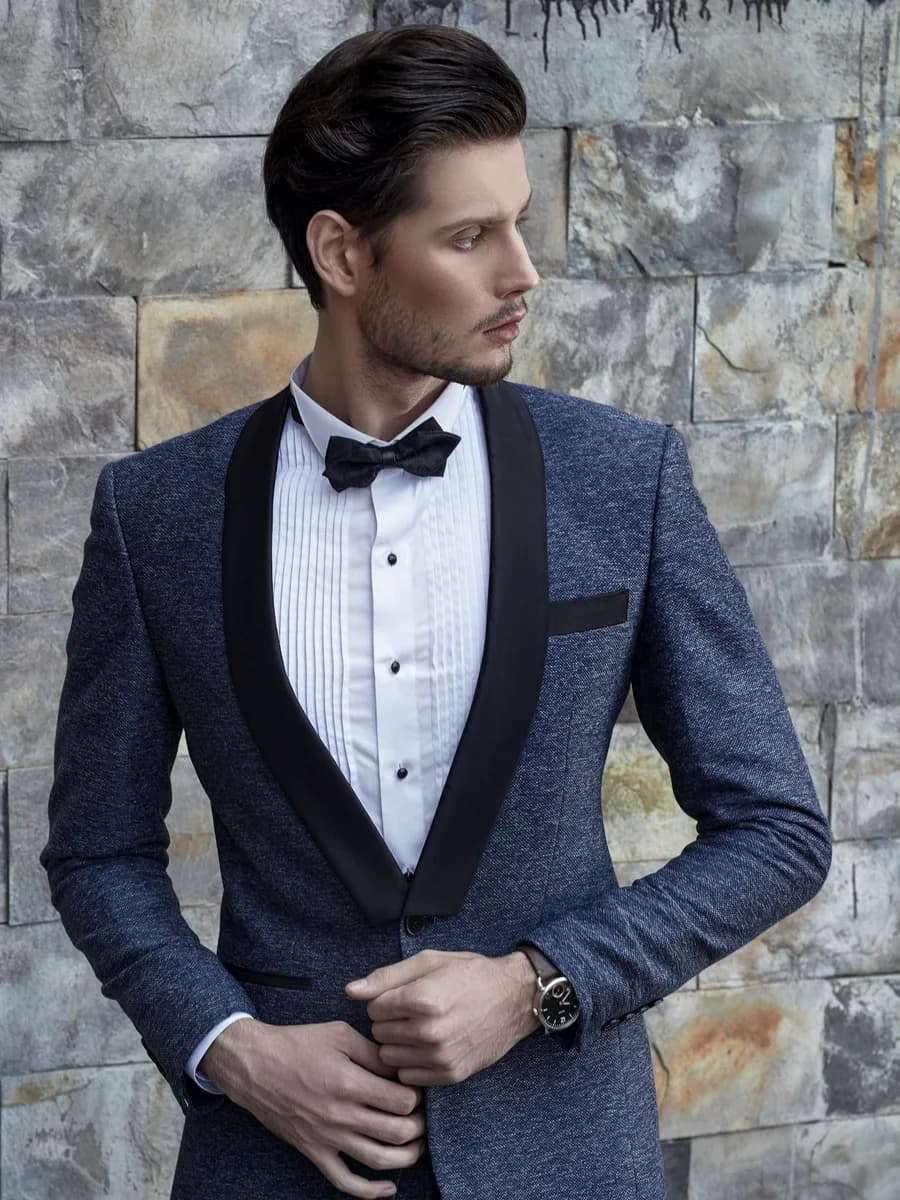Tuxedo Xanh Navy Tweed Melange Ve Shawl Đen Bản Lớn — TUX-112