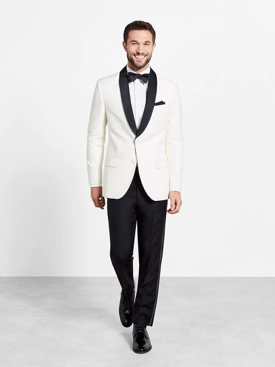 Tuxedo Trắng Ngà Hai Khuy Ve Shawl Đen Nơ Chấm Bi — TUX-120