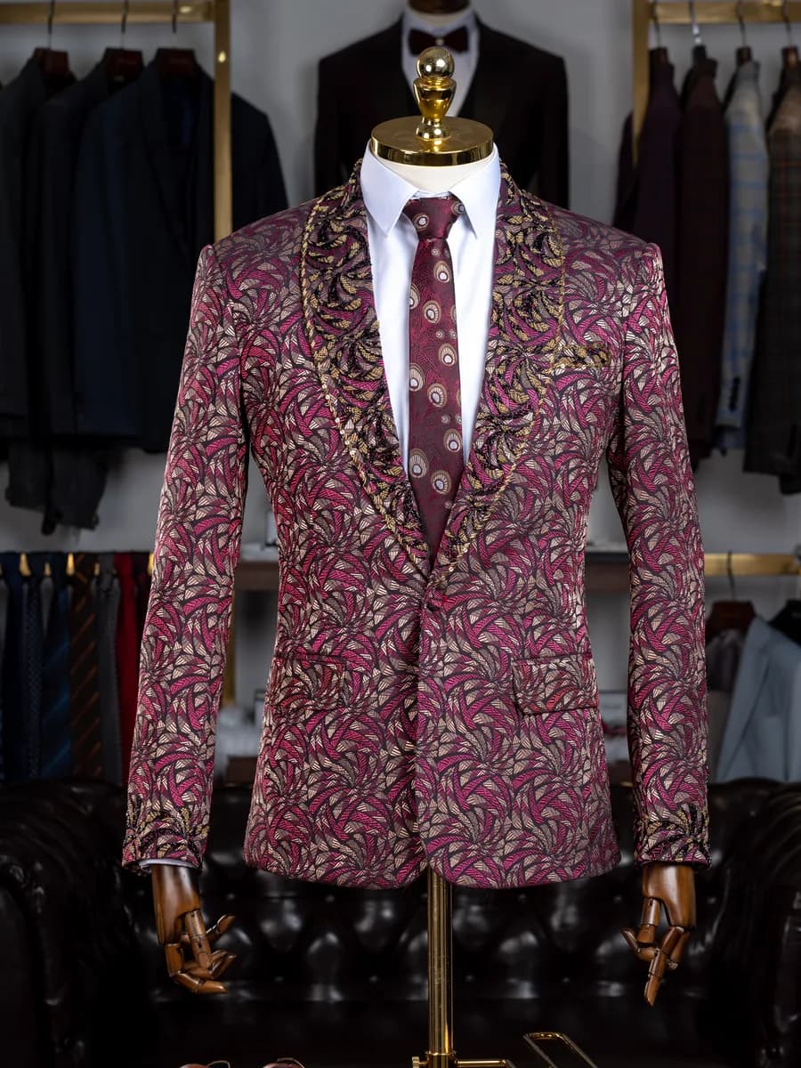 Tuxedo Jacquard Hồng Mận Ve Shawl Đính Cườm Vàng — TUX-127