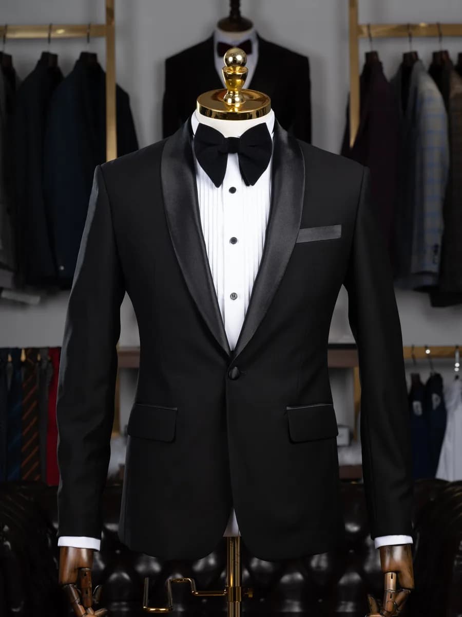 Tuxedo Đen Ve Shawl Satin Một Nút Đi Cùng Nơ Nhung — TUX-129