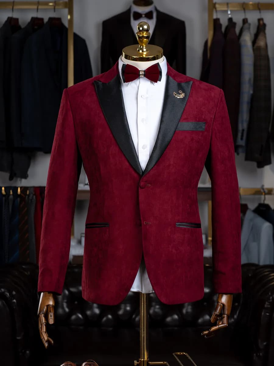 Tuxedo Nhung Đỏ Rượu Ve Nhọn Satin Đen Một Nút — TUX-131