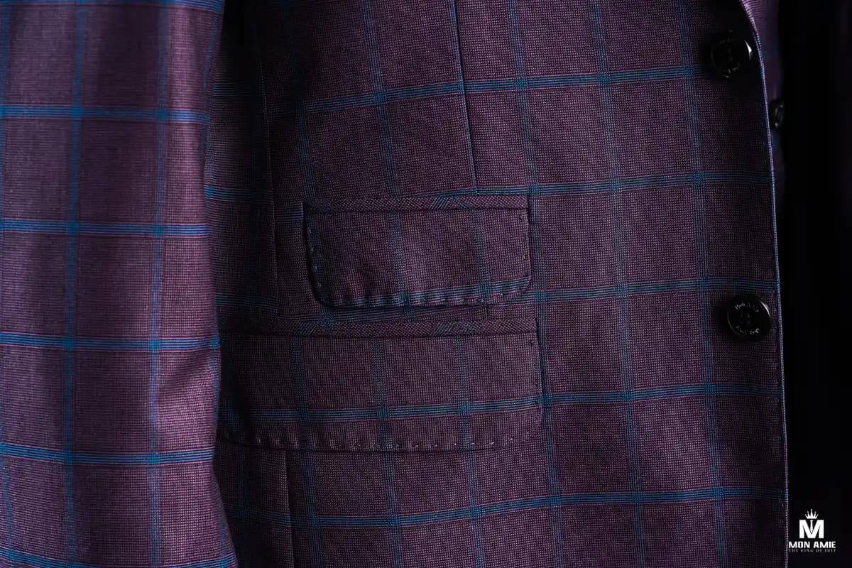 Close-up of purple suit fabric with a blue windowpane check