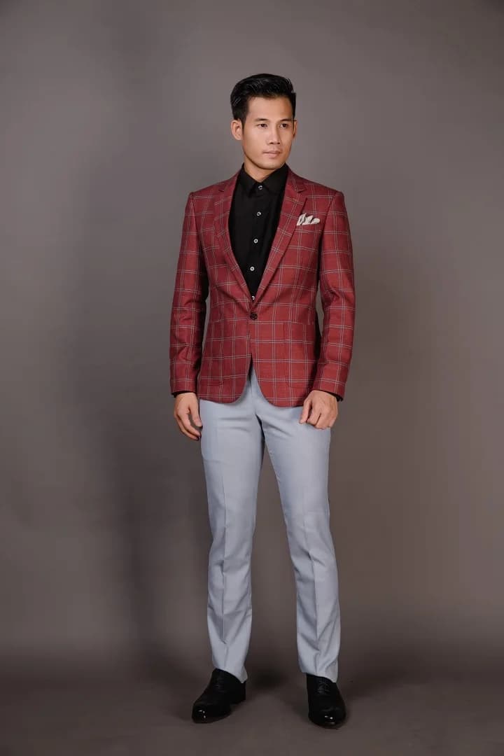 Blazer Đỏ Gạch Caro Ô Lớn Kẻ Trắng Xám — SN-259