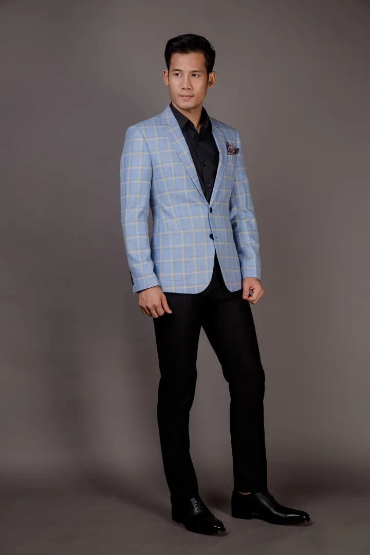 Blazer Xanh Da Trời Nhạt Caro Ô Lớn Kẻ Vàng Kem — SN-260